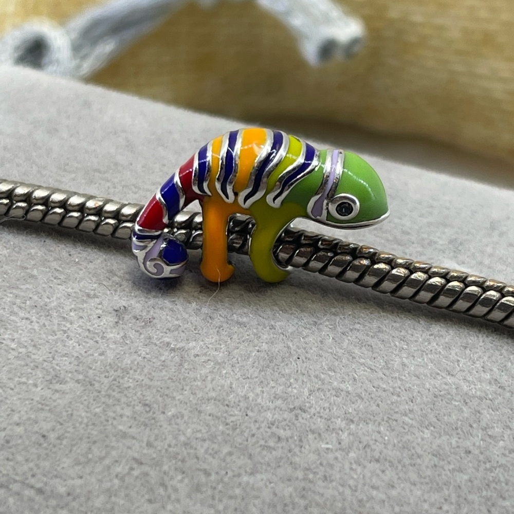 Sterling silver rainbow pride chameleon lizard charm bead